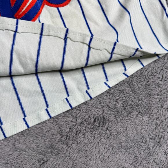 Vintage 80s Sand Knit Mets Cropped Jersey Womens Pinstripe Baseball Top S/M - Picture 4 of 7